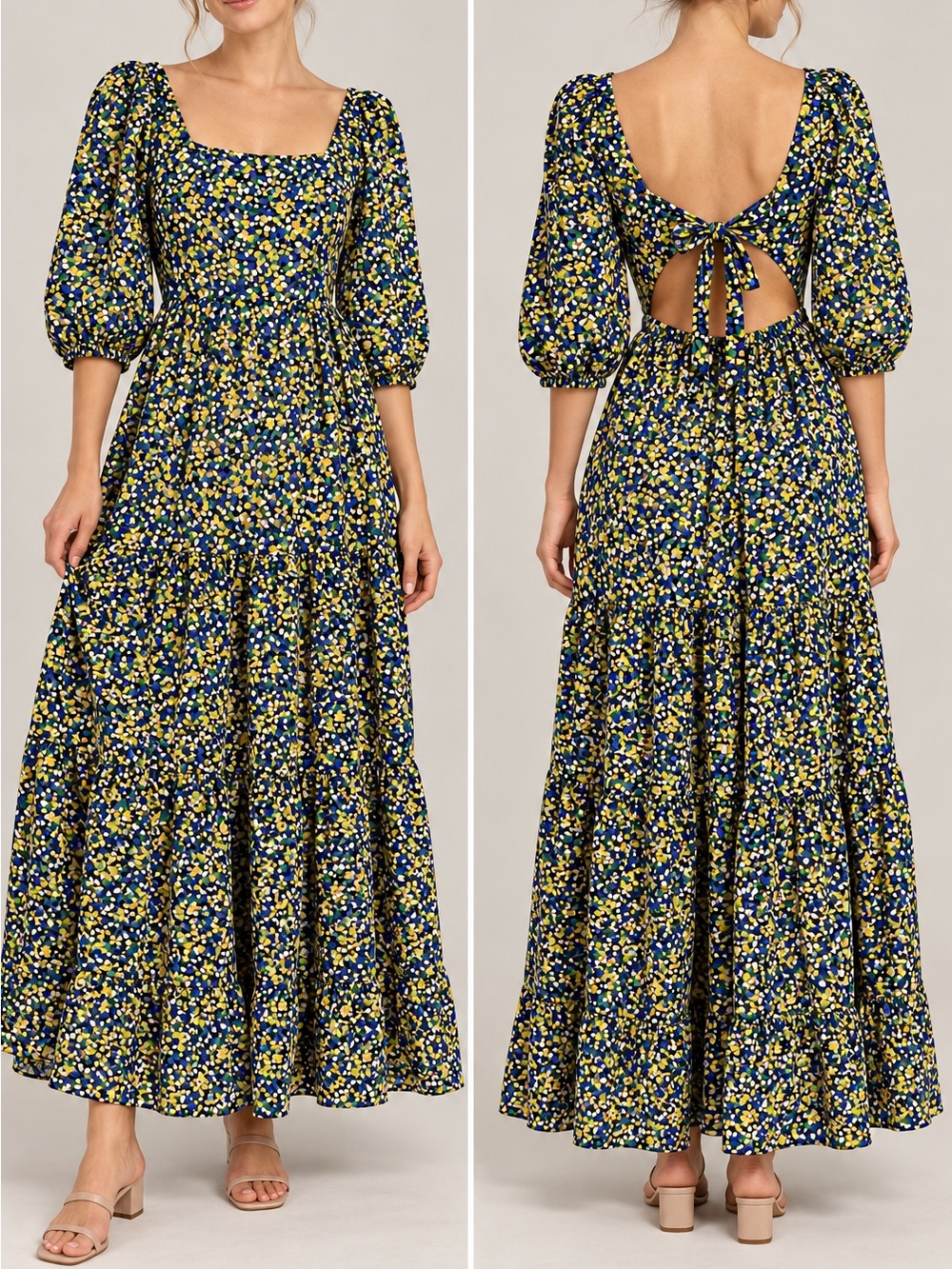 JIA MODA Maxi Dress Multicolor Abstract Print Puff Sleeve Tie Back Cutout